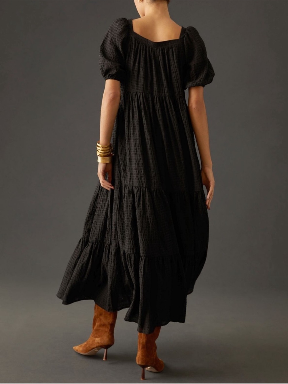 By Anthropologie Black Puff-Sleeve Tiered Maxi Dress Women’s SP Small Petite